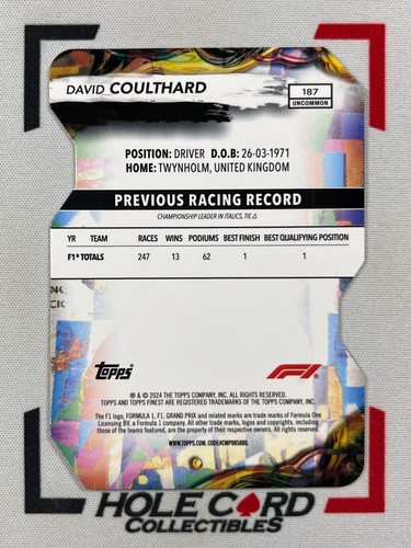 DAVID COULTHARD 2024 Topps Finest Formula 1 F1 #177 Uncommon 46/75 Die-Cut - Picture 2 of 2