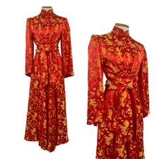 Vtg Vintage 1960s 60s Dynasty Silk Red Gold Princess Cut Evening Coat.