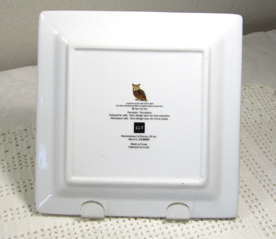 Two Can Art PPD Owl in Winter Artic Snow Appetizer Plate Porcelain 6” Square - Image 2 of 4