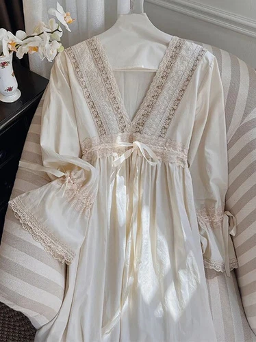 Retro Princess Night Dress Pure Cotton V-Neck Ruffles Autumn Lace-Up Victorian - Picture 8 of 15