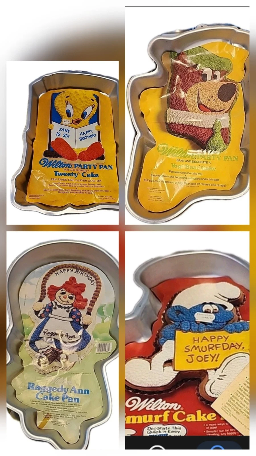 Wilton Cake Pans Set Raggedy Ann, Smurfs, Tweety & Yogi Bear