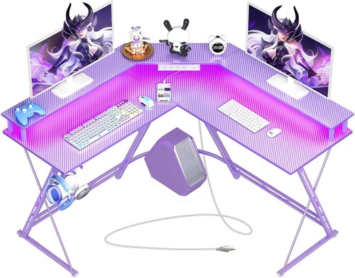 50.4"L-Shaped Gaming Desk Ergonomic Gamer Table w/LED Light&Power Outlets Purple