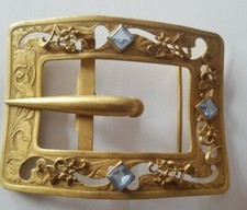 Gold Tone Art Nouveau" Belt Buckle w/ blue glass rhinestones...wow