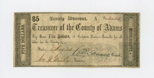 1862 $5 The County of Adams - Natchez, MISSISSIPPI Note CIVIL WAR Era - Picture 1 of 2