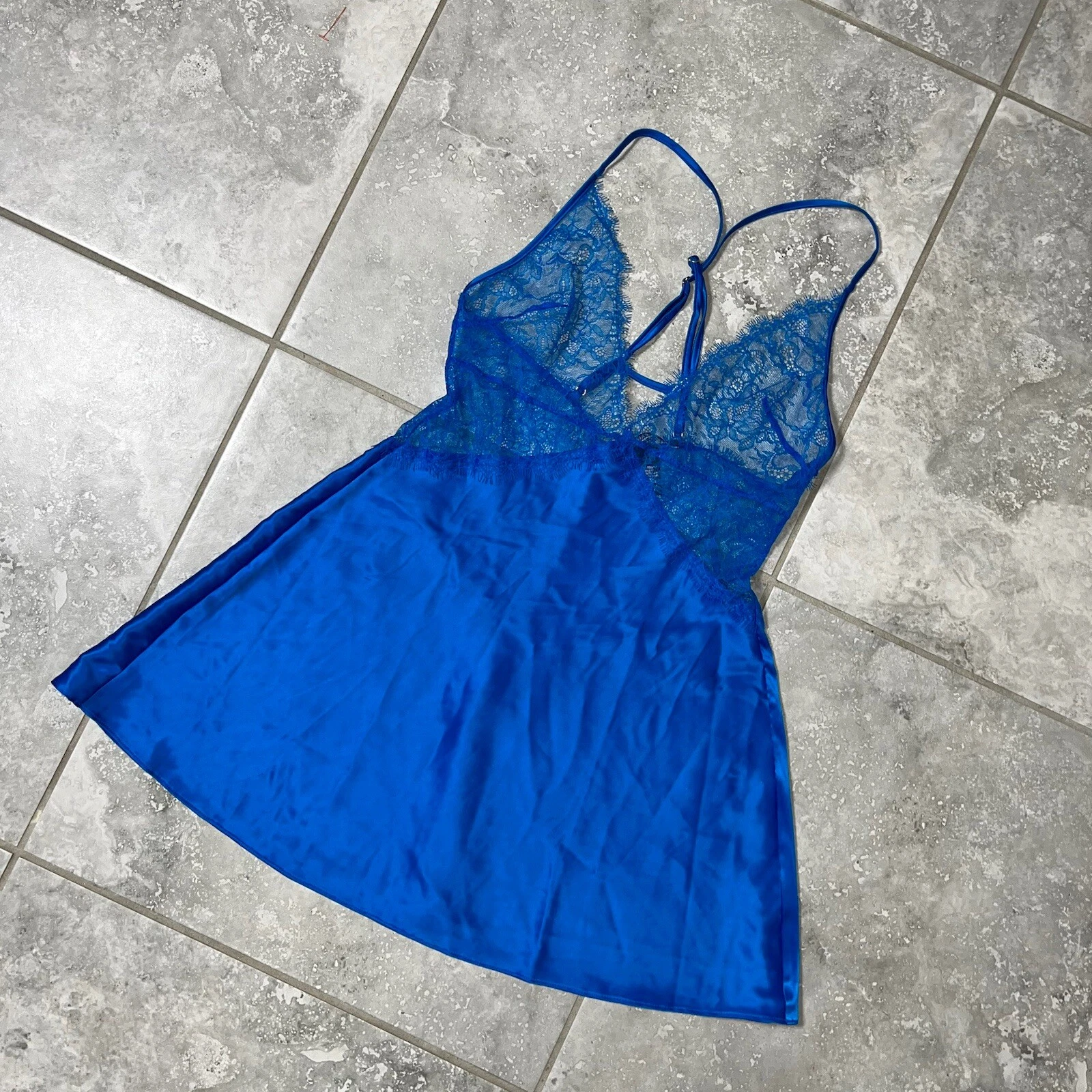 UNDERCOVER Victorias Secret Mini Abito Cami Slip Raso Liquido Pizzo Scollo V Fata Y2k Blu XS