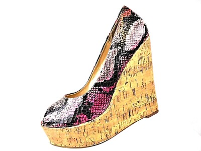 Shoedazzle Tova Woman's 9.5 Black Pink Snake Print Peep Toe 6'' Cork Wedge Shoe