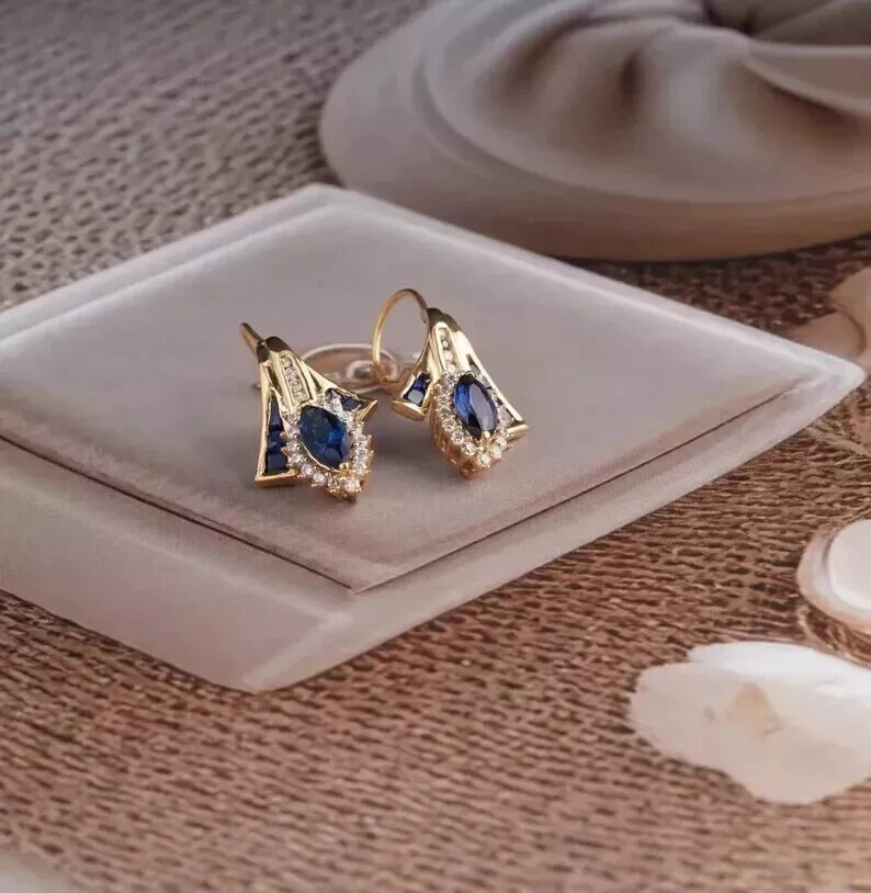 Simulated Sapphire Fancy Hoop Earring 14K Yellow Gold Plated Marquise  Cut