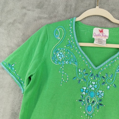 Vintage Quacker Factory M(8-10) Sweater Intricate Beading Flamingo Green V-neck - Picture 3 of 14