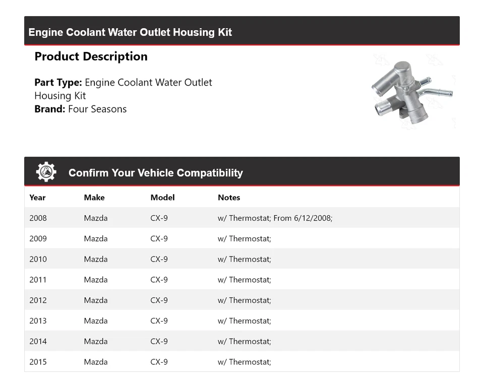 Kit de carcasa de salida de agua de refrigerante de motor para Mazda CX-9 2008-2015 4 estaciones 2009 Foto 2 de 4