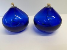 Pair of Cobalt Blue Hand Blown Round Oil Lamp - With Wick Holder Wick