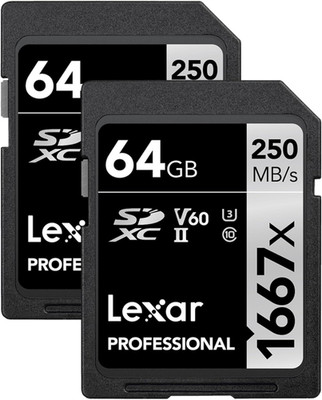 Lexar 64GB (2-Pack) Professional 1667x SD Card, UHS-II, C10, U3, 64GB, Black 