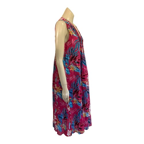 New Orientique Sz 12 Shift Dress Crinkle Sleeveless Pockets V Neck Pink Tropical - Picture 6 of 14