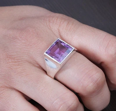 Bague chevalière en argent sterling 925 pour homme en améthyste coupe carrée ... - Photo 1/4