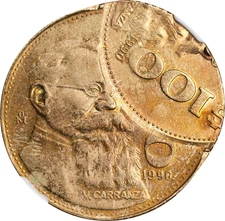 1990-Mo Mexico 100 Pesos Off Center Double Struck NGC MS63 TWO FULL DATES Error