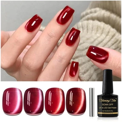Nagellack Rot UV Jelly Magnet CatEye, 4 Farben Burgund Rot Kirschrot Glitzer ...