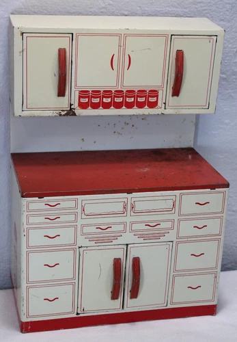 Vintage 50s Wolverine Tin Litho Red & White Kitchen Cabinet Child Toy Play Set