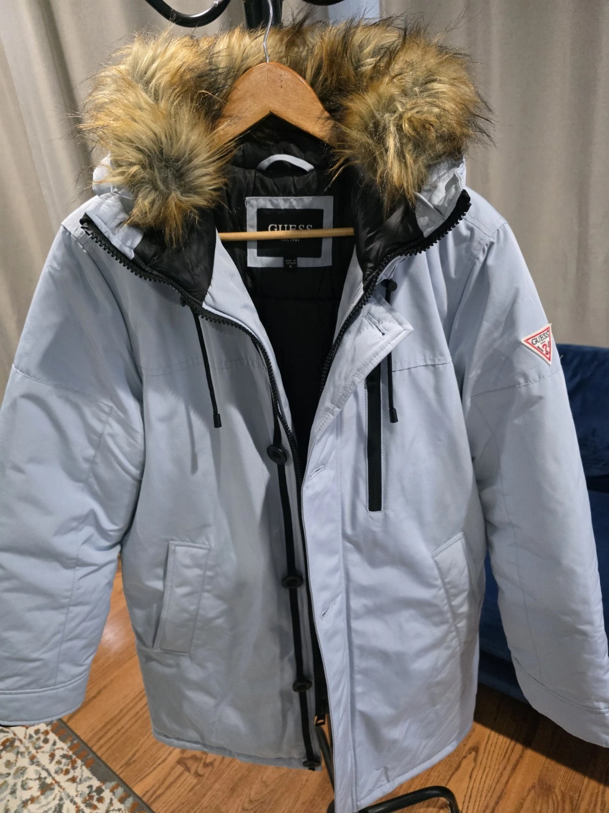 NEW GUESS Size M MEN's WARM HOODED PARKA COAT LIGHT BLUE VIETNAM JACKET