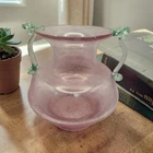 Vtg Murano Hand-Blown Glass Amphora Style Vase-Pink w/Applied Green Handles