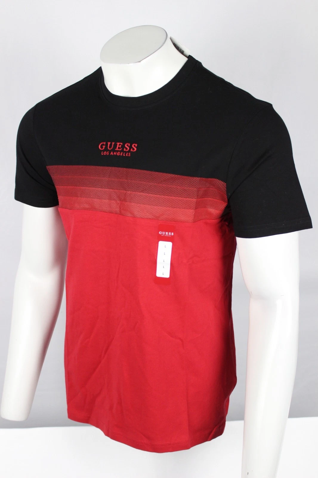 Guess Men's Rami Fashion Crew T Shirt Embroidered Striped Black Varsity Red
