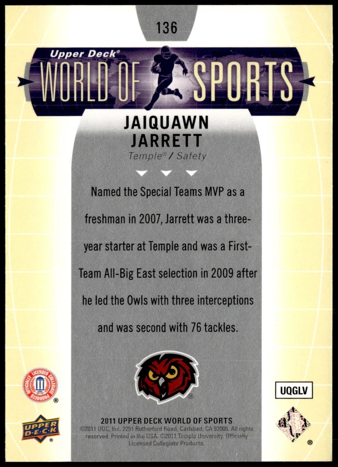 Jaiquawn Jarrett 2011 Upper Deck World of Sports #136 Temple Owls - Image 2 of 2