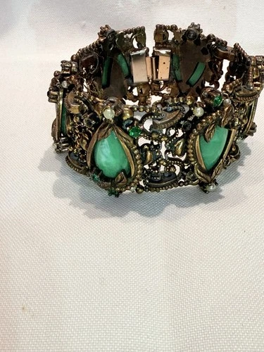 Vintage Victorian Costume Jewelry Bracelet Chunky Wide Green Stones NEEDS TLC