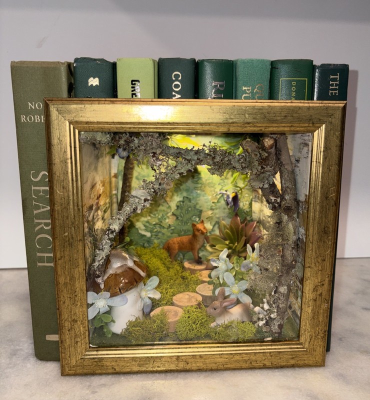 7 GREEN  DECORATIVE BOOKS & A FOREST SCENE IN HANDMADE BOOK NOOK FOX, BUNNY MOSS