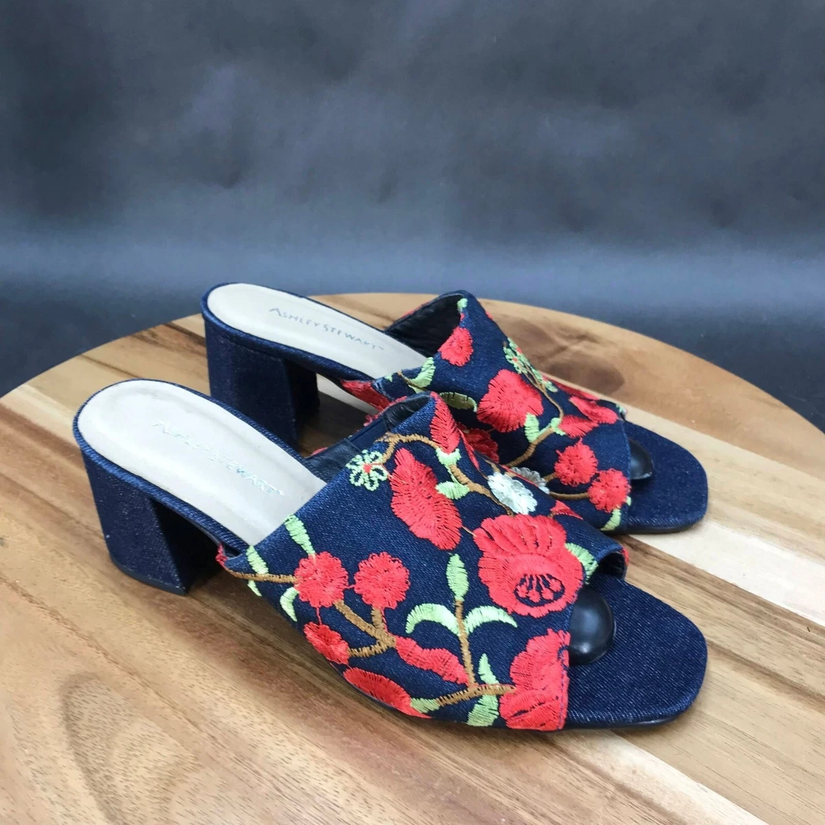 Ashley Stewart Blue Red Roses Slip On Block Heel Sandals Womens