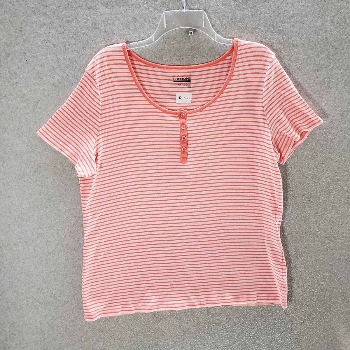 Basic Editions Women Top XL Pink Striped T-Shirt Short Sleeve