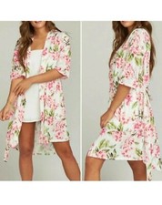 Women Show Me Your Mumu White Pink Floral Kimono Cover up Short Sleeve Size O/S