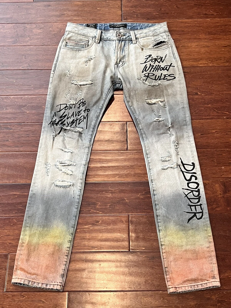 Cult Of Individuality Mens Rocker Slim Distressed Graffiti Blue Jeans 30 x 33