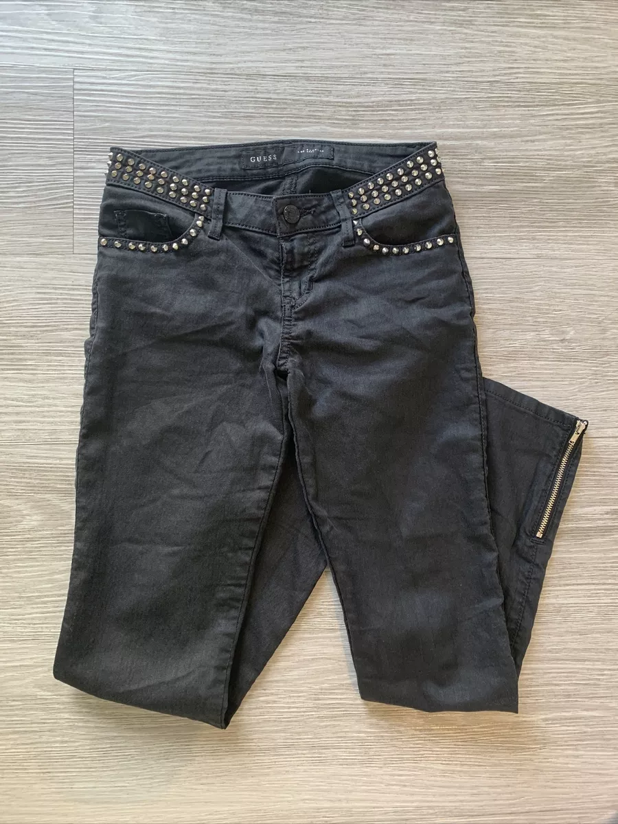 Guess Los Angeles Black Coated Denim Jeans With Spikes Size 24 Low Rise