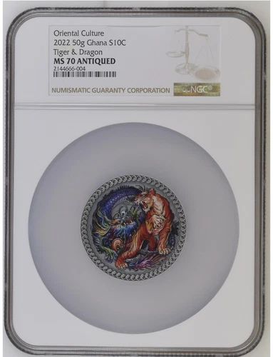 2022 50g Ghana Tiger & Dragon NGC MS70 Antiqued