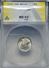 ANACS MS 63 FSB (Full Bands) - 1941 P Silver Mercury Dime. Very Bright. A1403.