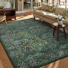 5'x7' Floral Washable Rugs Dark Green Stain Resistance Large Throw Carpet