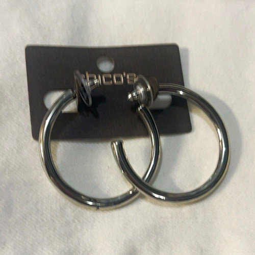 Chico's Silver Tone Round Hoop Earrings, Metal, Butterfly Closure, No Stone