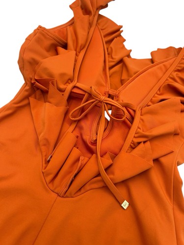 Michael Kors One Piece Swimsuit Orange Ruffles “Mimosa” DeepV Neck Size 8 - Picture 5 of 11
