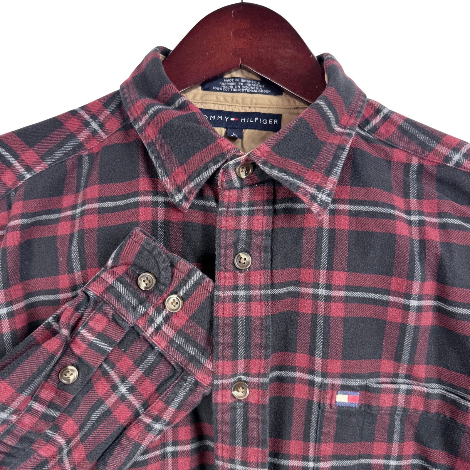 Vintage 90s Tommy Hilfiger Mens Large Burgundy Navy Blue Plaid Flannel