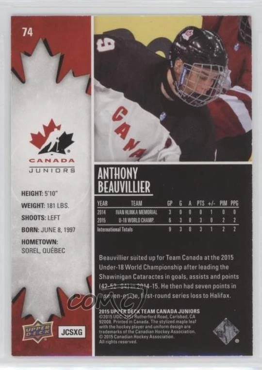 2015 Upper Deck Team Canada Juniors Exclusives /199 Anthony Beauvillier #74 - Image 2 of 2