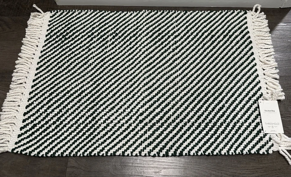 Threshold Kitchen Rug Green & White Striped with Fringes 20" X 34" - Image 2 of 3