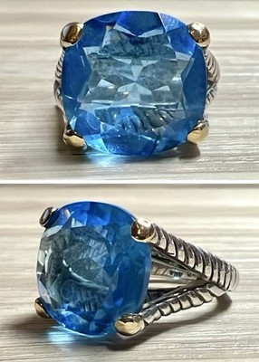 Designer DS ID Sterlingsilber & 14K Gold Kissenschliff Blautopas Ring, Größe 6,5