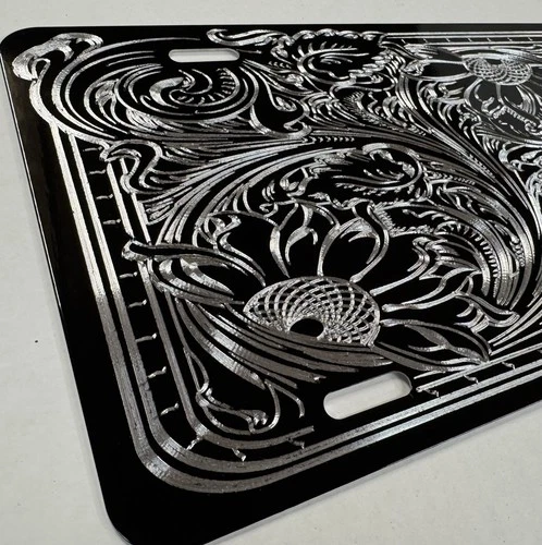 Western Tooled Leather Flower Design Car Tag Diamond Etched License Plate