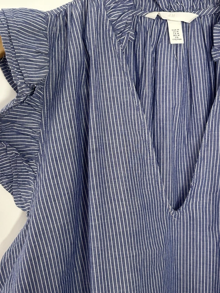 BNWOT H&M frill trimmed pure cotton blouse blue white stripe M Medium 1280449007 - Image 3 of 4