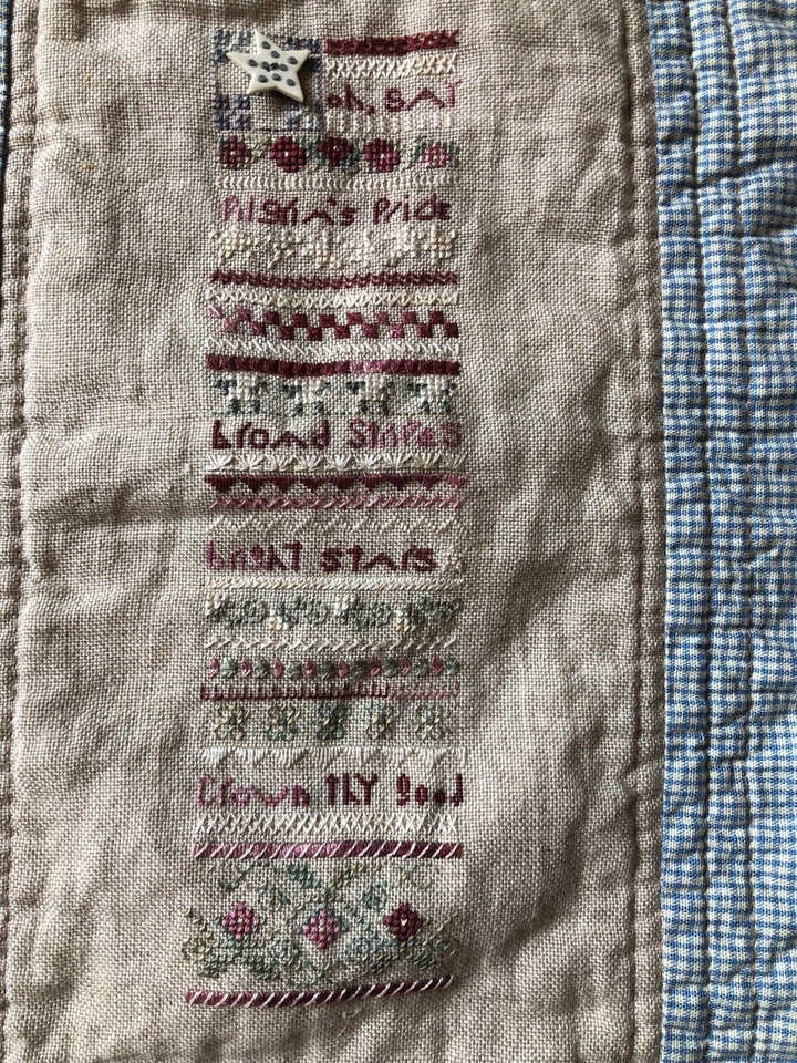 Cross Stitch on Linen Patriotic Primitive Finished Quilt Wall Hanging Oh Say! - Image 2 of 3