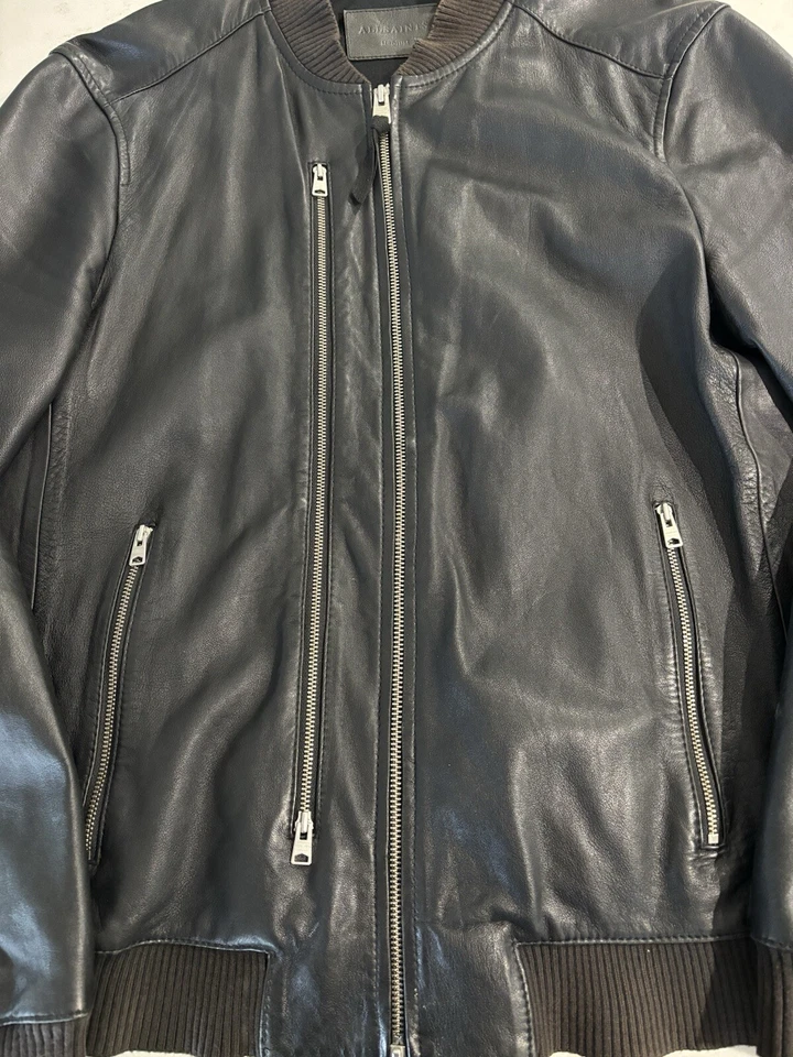 ALLSAINTS Leather Jacket Size Med Black Mens Moto Biker Zips Bomber Slim Fit - Image 2 of 4