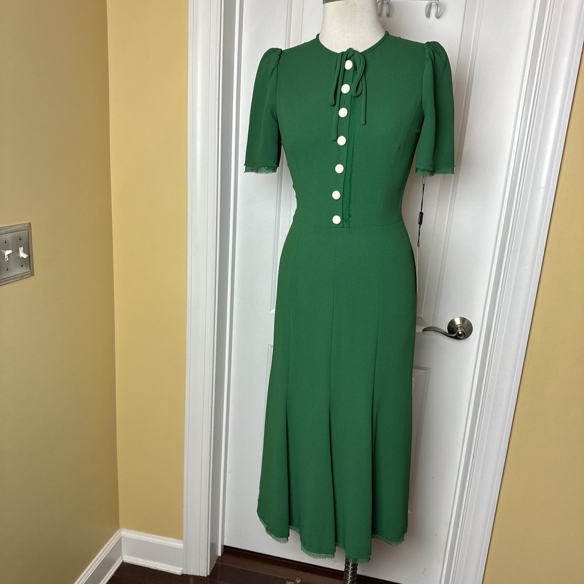 green emerald velvet dress Hunter Green Surplice Neck 3/4 Bubble Sleeve Mini Dress main image 1
