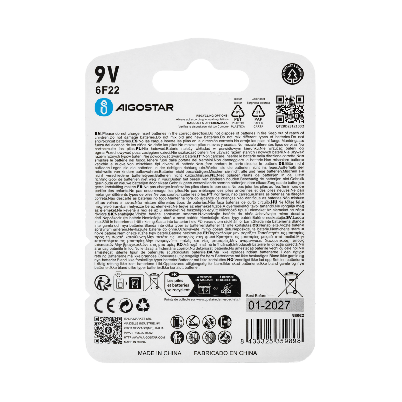 Batteria zinco-carbone 6F22 9V 1.5V 1pz alta qualità, di grande durata - Senza m