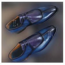 Handmade Men's Blue Purple Split Toe Lace Up Genuine Leather Shoes, Sale !!!