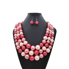 Women's 3 Layered Simulated Pearl Statement Necklace  Earring Set
