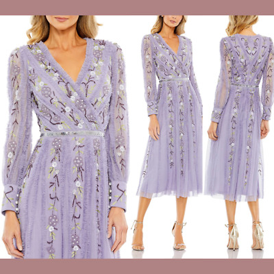 NWT $698 Mac Duggal [ 4 ] Long Sleeve Embroidered Wrap Midi Dress Lilac G1710