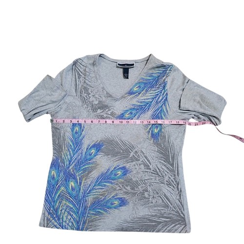 Karen Scott Large Grey Blue Sparkling V-neck Classic Casual Peacock 3/4 Shirt - Picture 4 of 5
